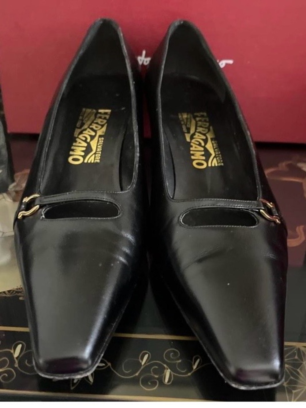 Salvatore Ferragamo Black Leather Pointed Loafers with Gold Accent